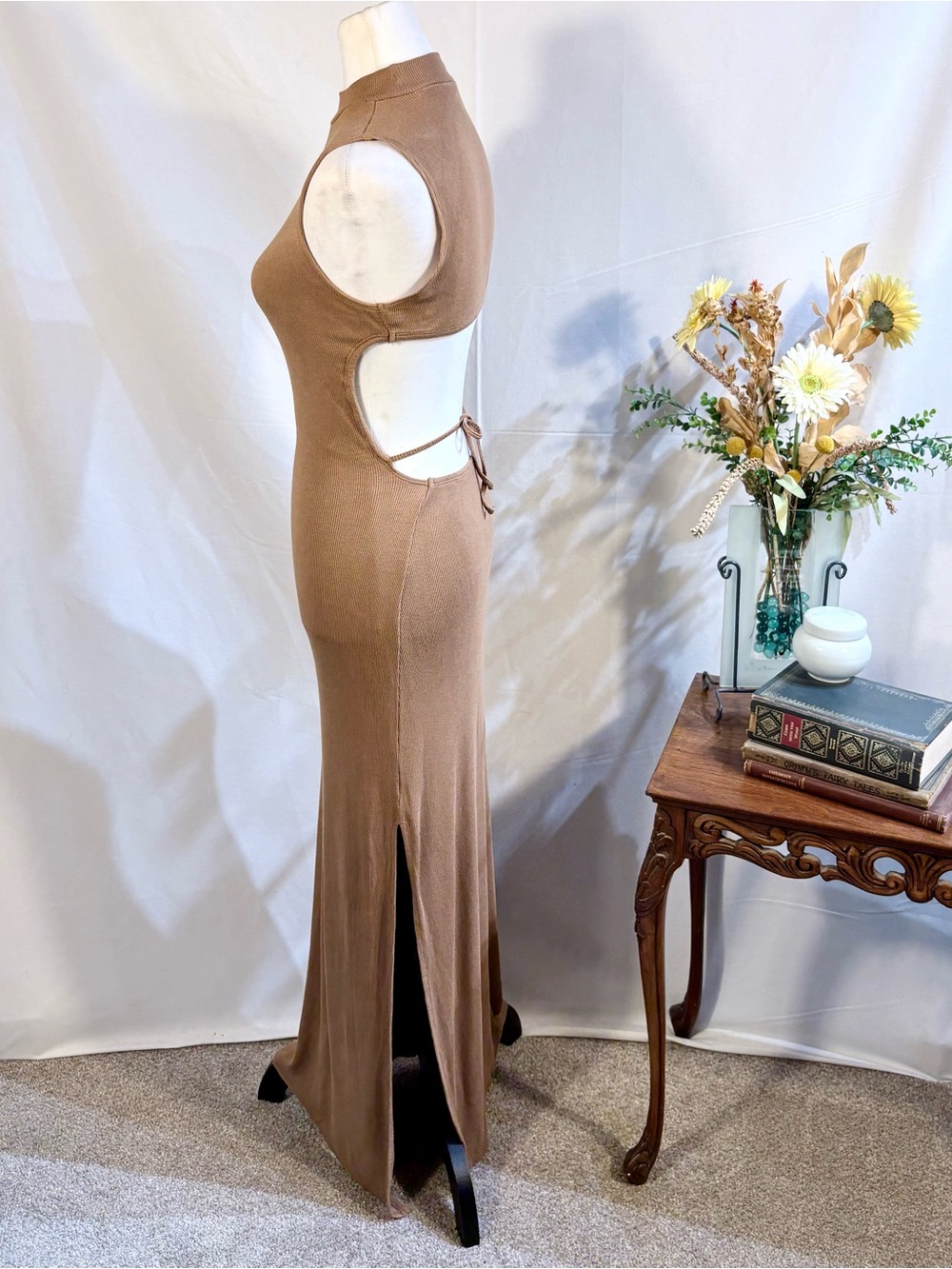 L*Space Chandler Maxi Dress Camel Open Back Sleeveless Side Slit Sz S🧡 - Picture 7 of 10